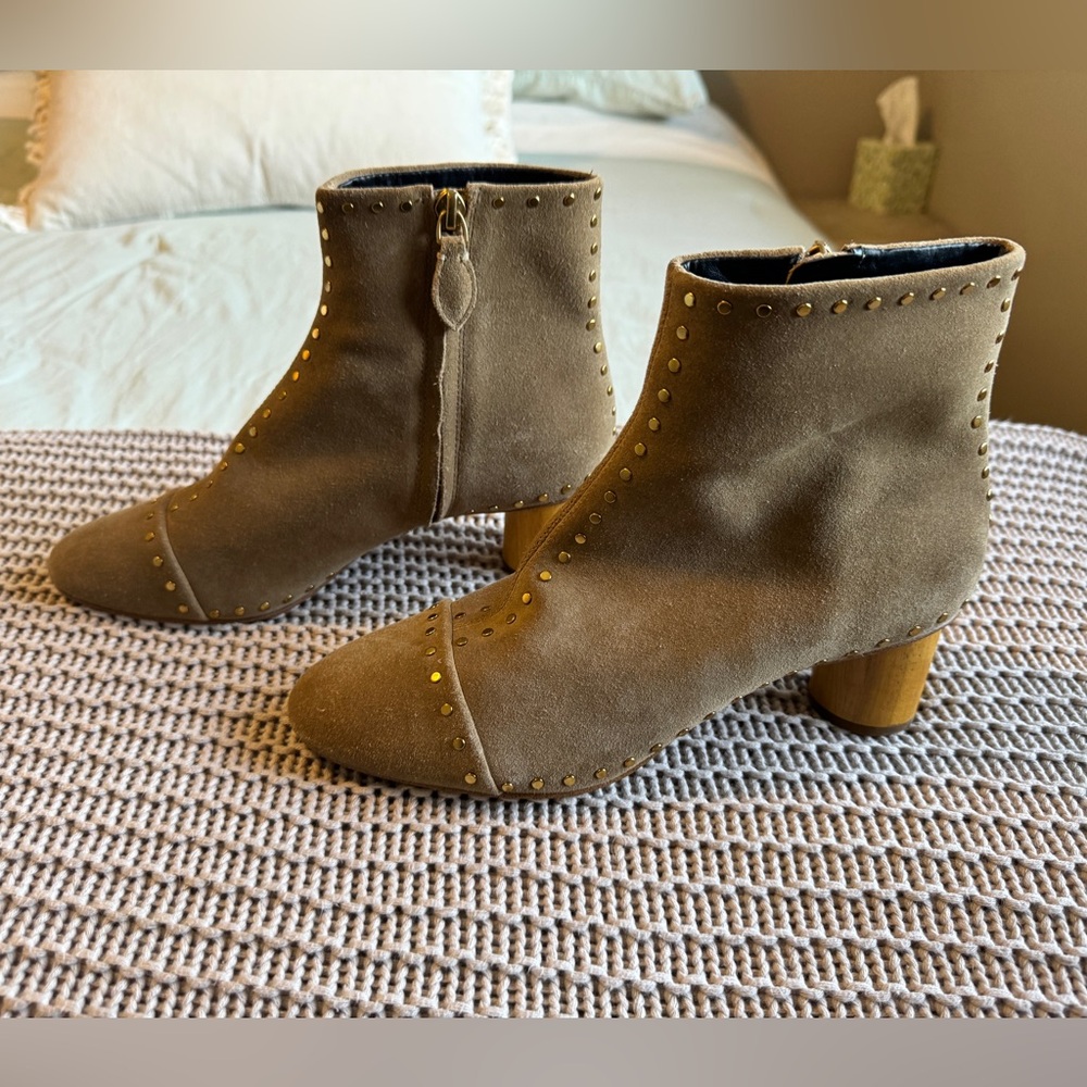 Rebecca Minkoff Faux Suede Studded Wood Heel Booties 2” Heel NEW